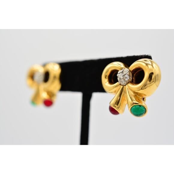 Joan Rivers Vintage Cabochon Bow Clip On Earrings Christmas Holiday Signed BinW - Picture 2 of 12